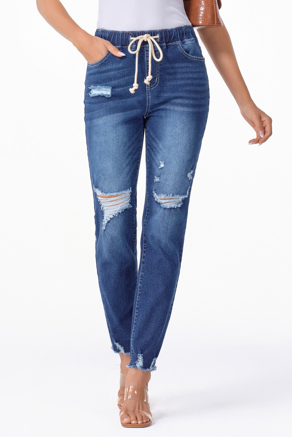 Dark Blue Elastic Waist Straight Leg Destroyed Raw Hem Jeans