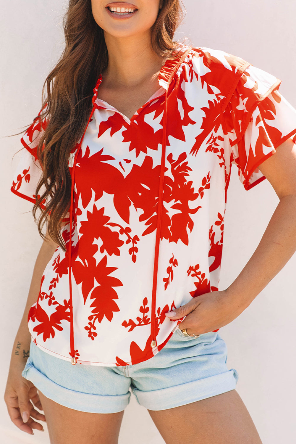 plant print tiered ruffled sleeve v neck blouse