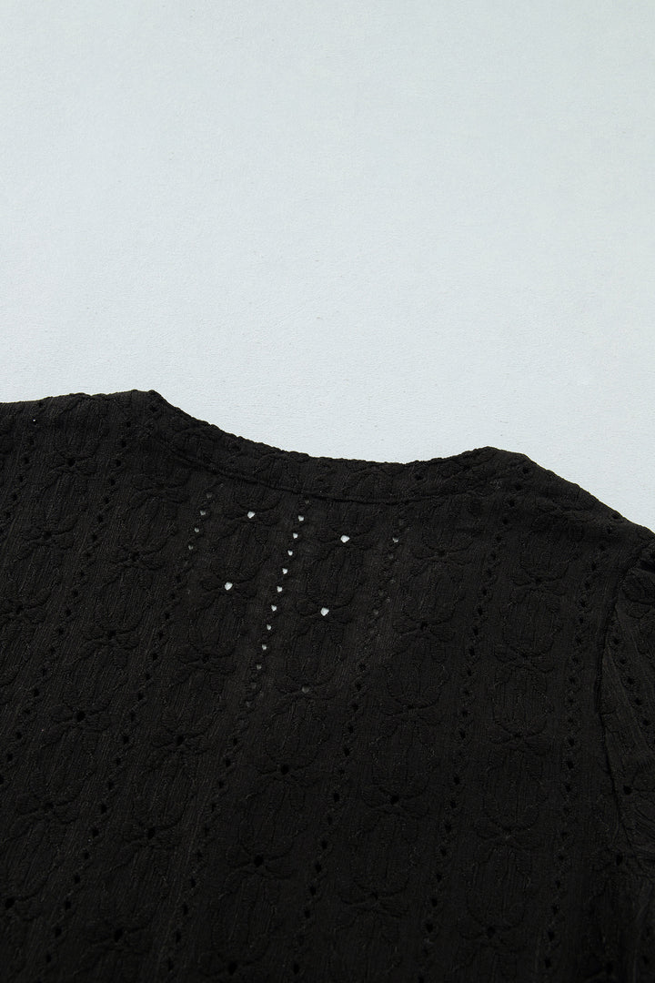 Black V Neck Floral Knit Long Sleeve Button Front Fit Blouse