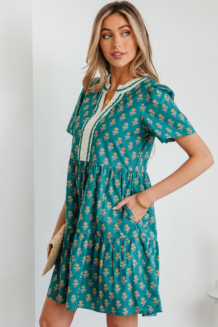 Contrast Trim V Neck Short Sleeve Floral Dress
