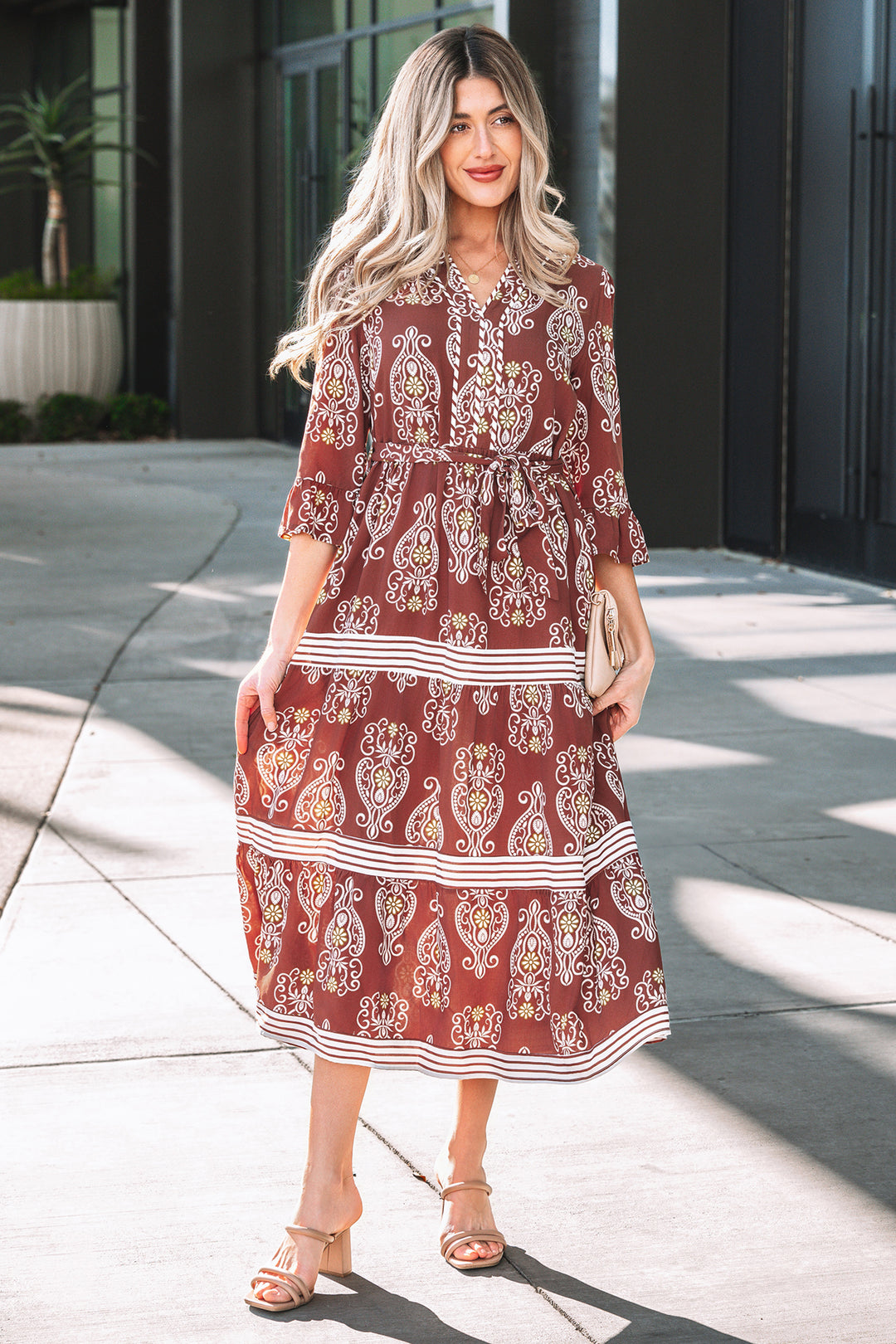 Floral Print Belted Striped Trim Tiered Maxi Dress
