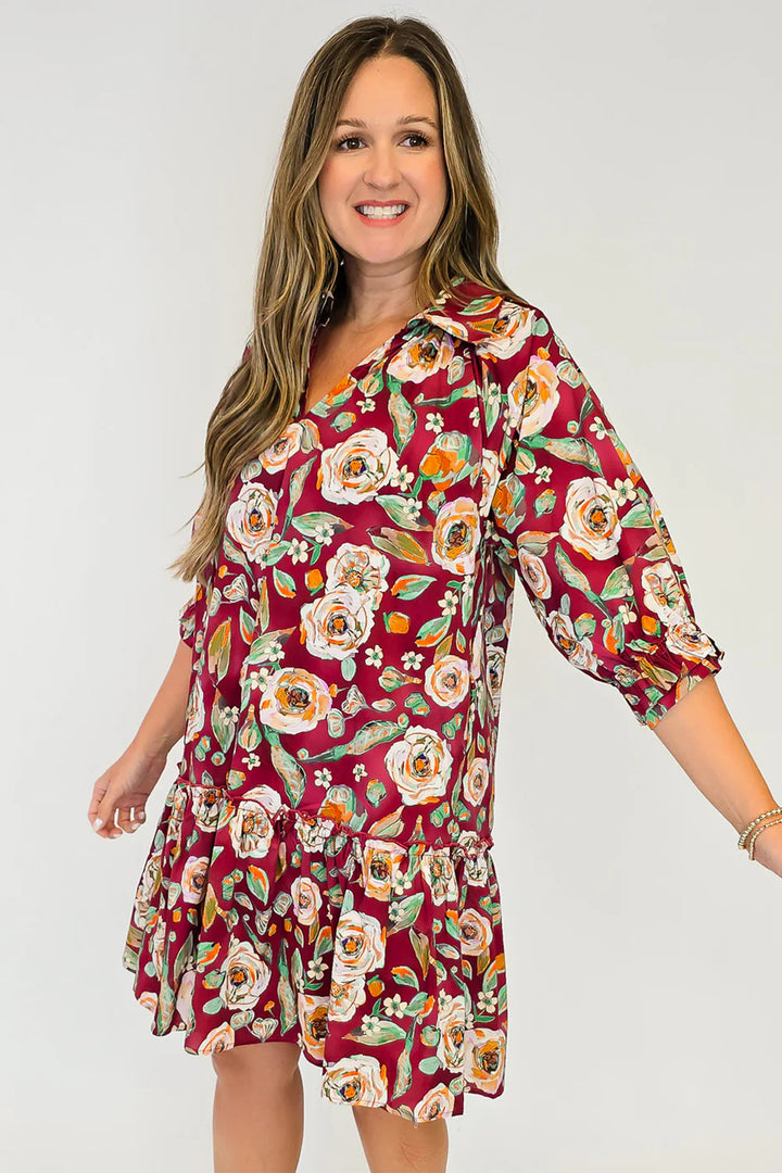 Red Floral Print Half Sleeve Short Shift Dress