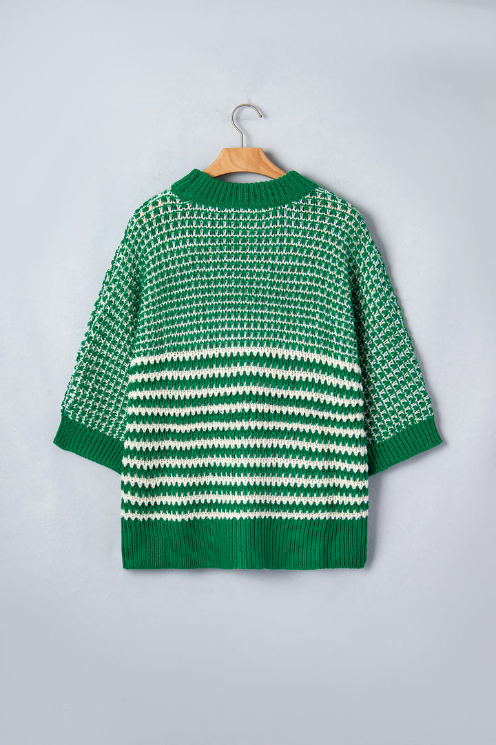 Green Stripe 3/4 Draped Sleeve Slouchy Sweater
