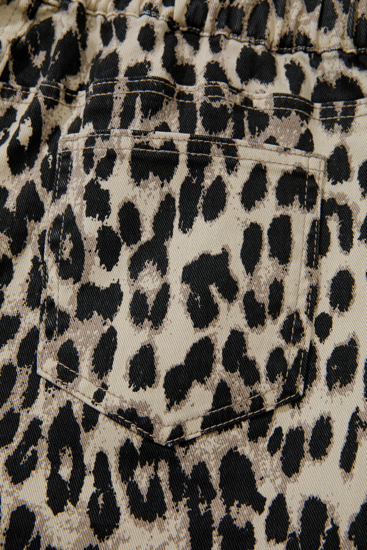 Brown Retro Leopard Print Lace-up Elastic Waistband Mid Rise Denim Shorts