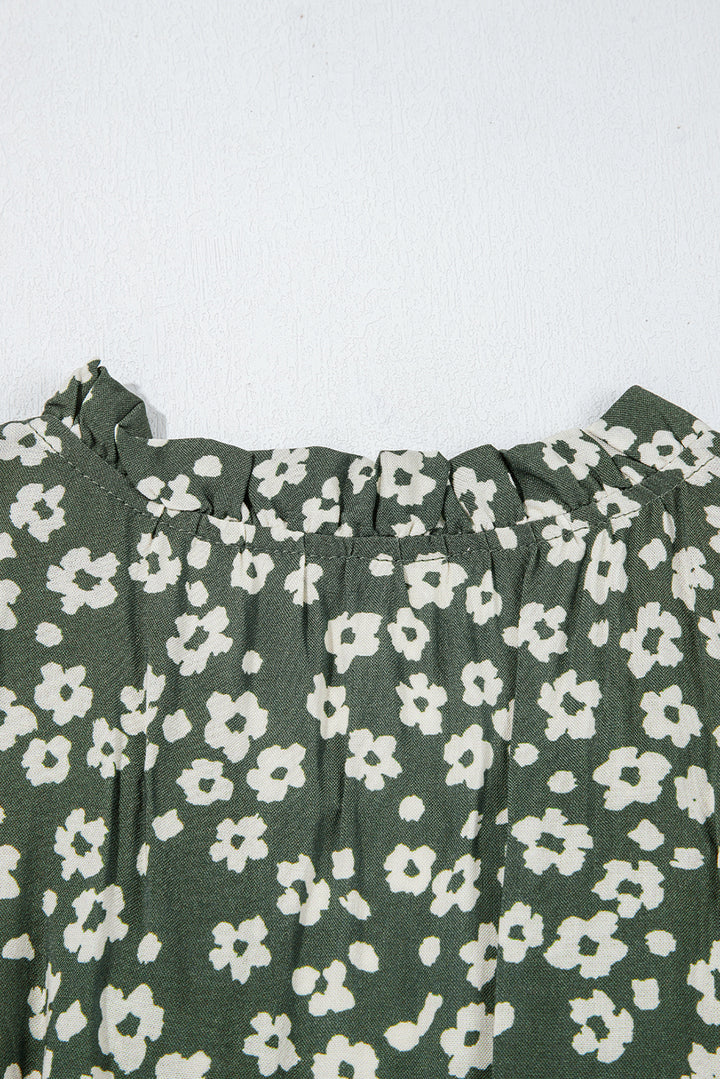 Green Boho Floral Print V Neck Tunic Sleeveless Dress