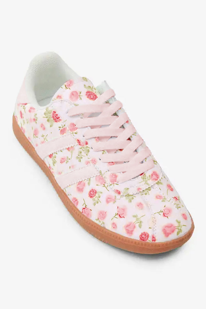 Floral Print Lace-up PU Leather Flat Shoes