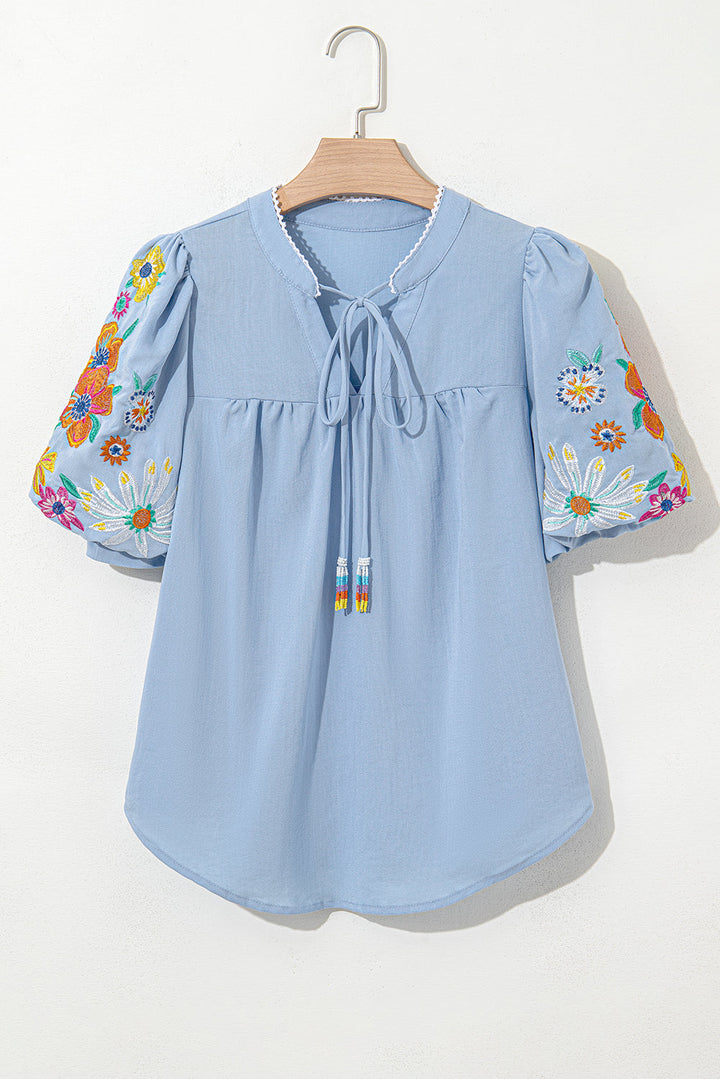 floral embroidered puff sleeve split neck blouse