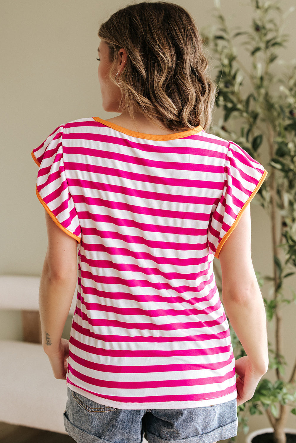 Striped Ruffle Sleeve Crew Neck Blouse