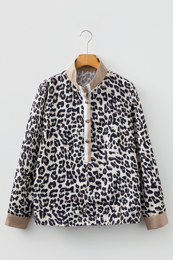 Multicolour Leopard Print Contrast Patchwork Cuffs Button Collared Top