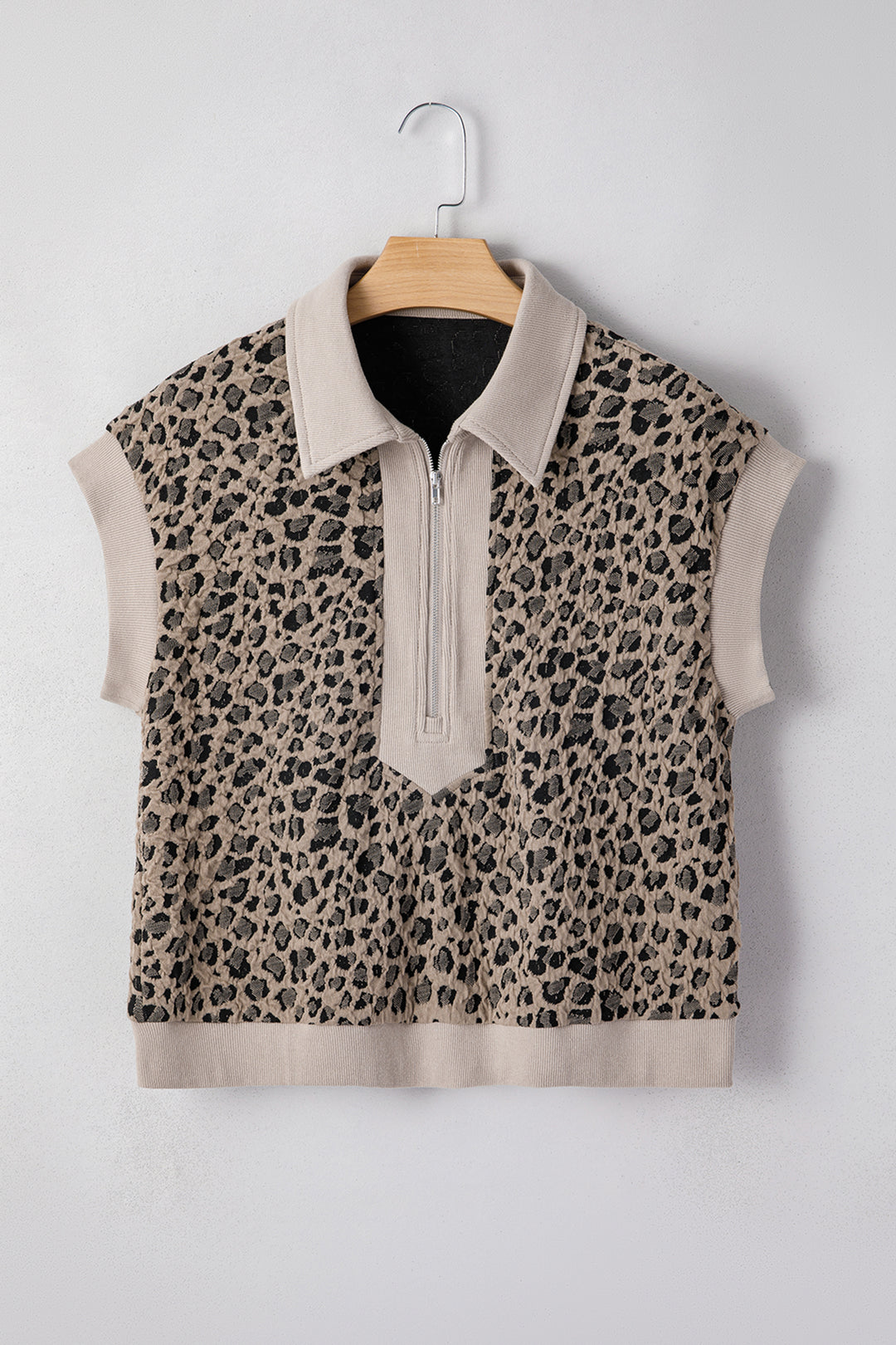 Zip up Collared Leopard Cap Sleeve Top