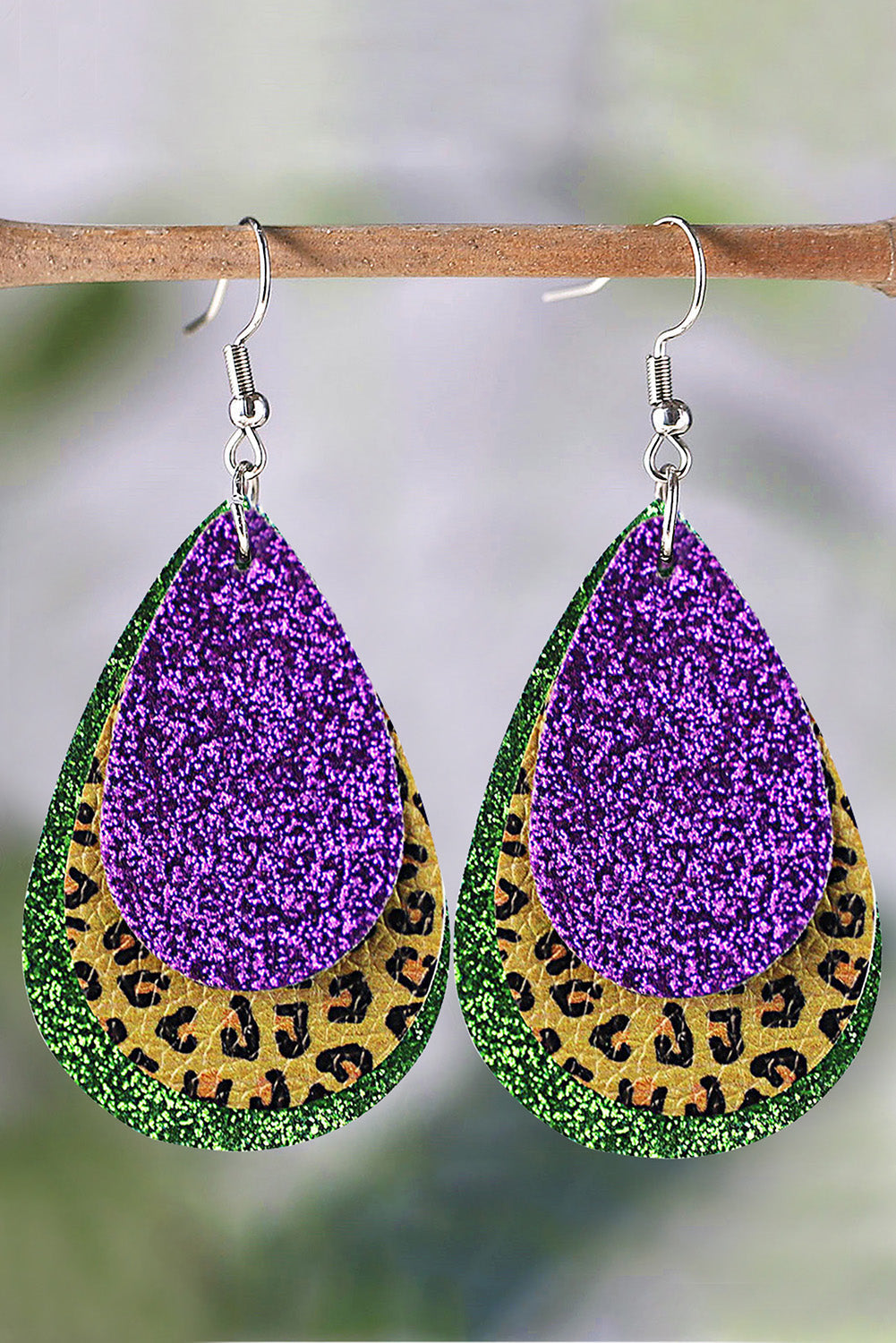 Boucles d'oreilles goutte d'eau Mardi Gras à paillettes et léopard