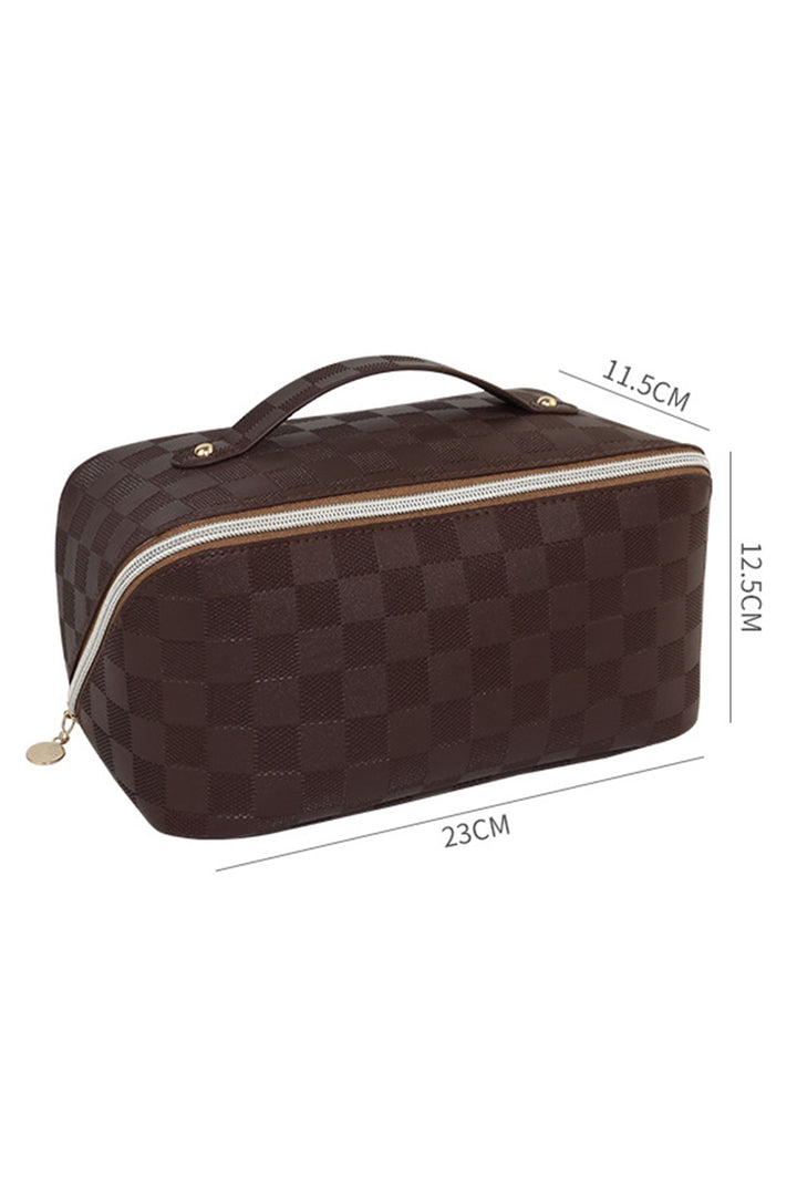 Checkered Zipper Handle PU Leather Travel Makeup Bag