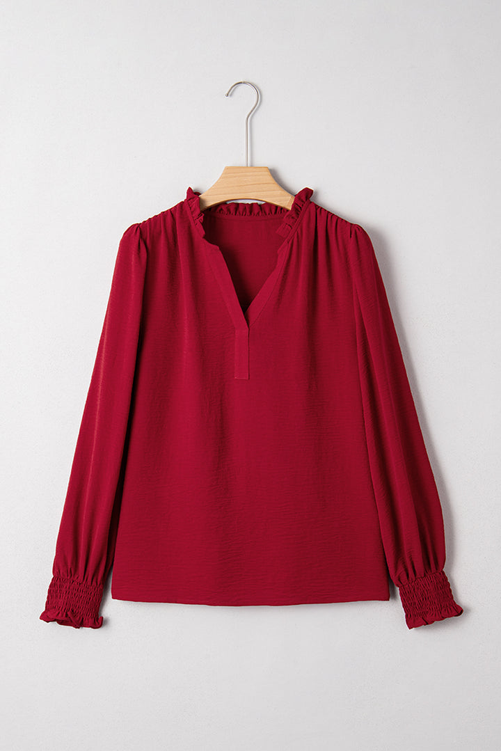 Notched Neck Shirred Cuff Long Sleeve Blouse