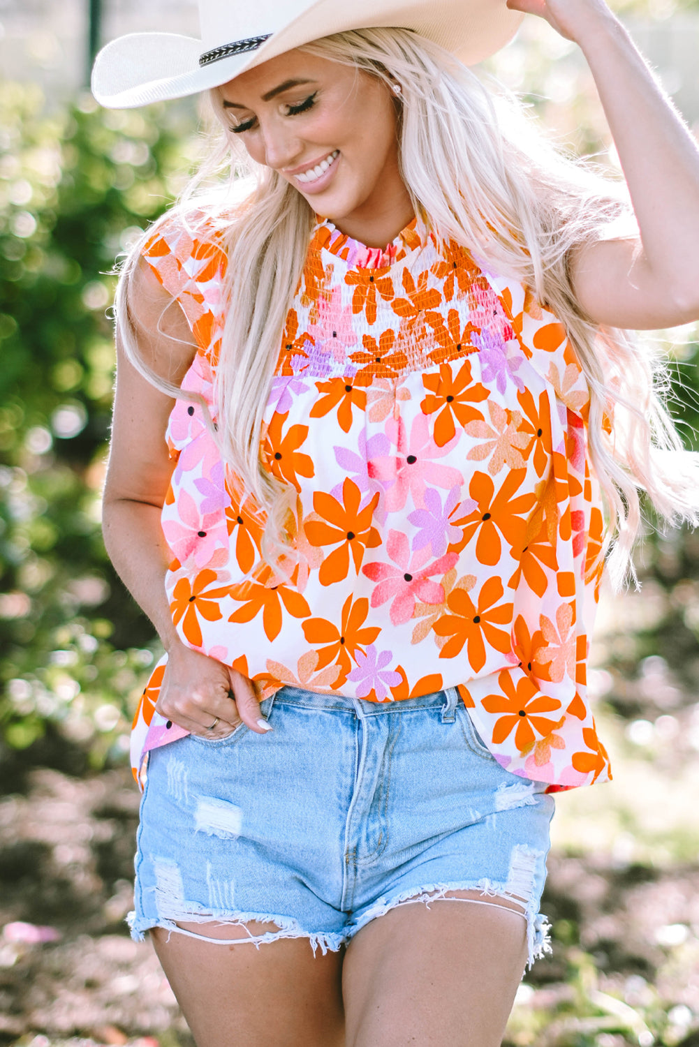 Ruffled Sleeve Smocked Floral Top