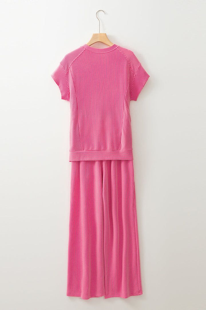 Bright Pink Solid Corded Knit Short Sleeve T Shirt and Wide Leg Pants Set