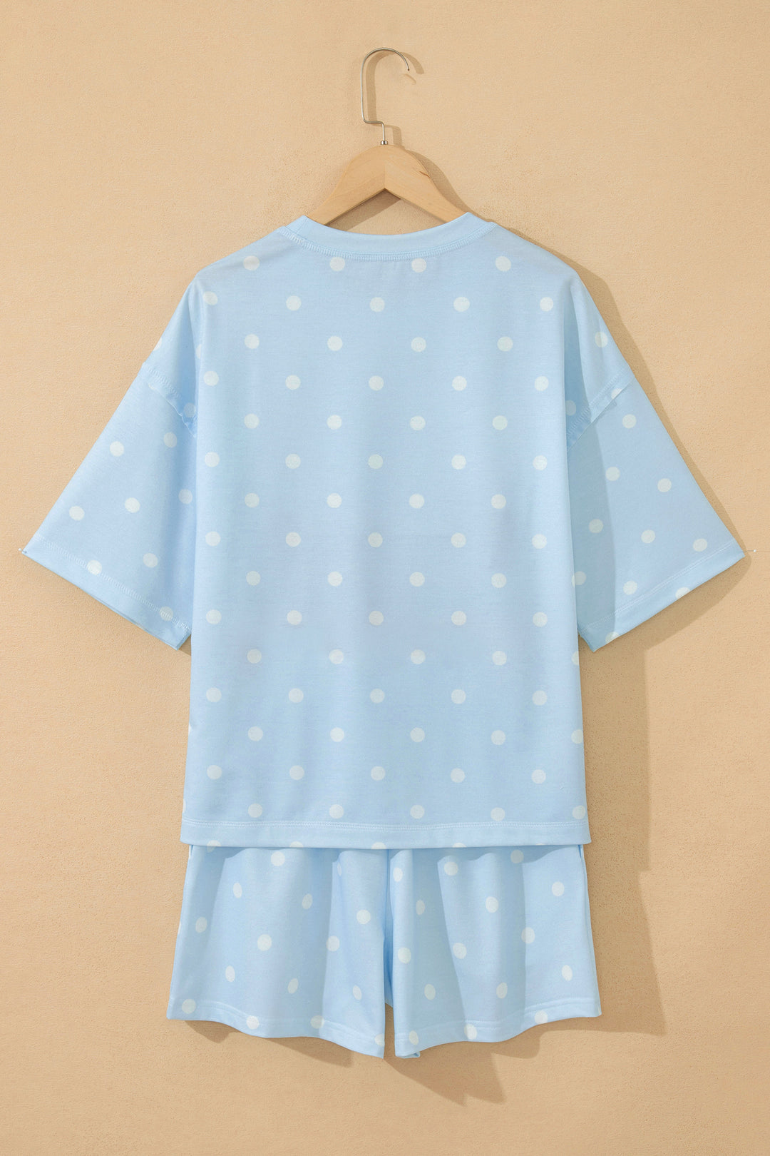 Sky Blue Polka Dot Short Sleeve Loose Top Drawstring Shorts Set