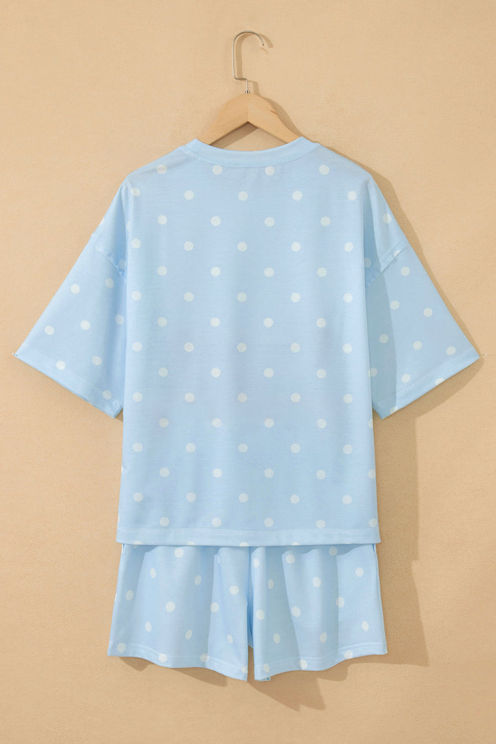 Sky Blue Polka Dot Short Sleeve Loose Top Drawstring Shorts Set
