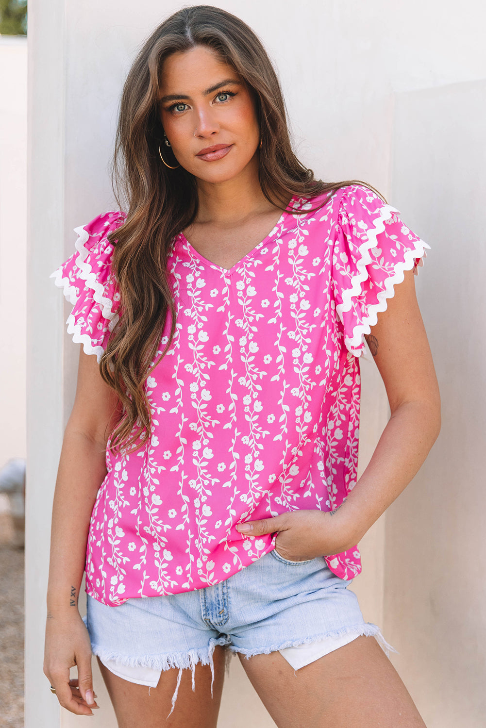 Floral Print Ric-rac Tiered Ruffled V Neck Blouse