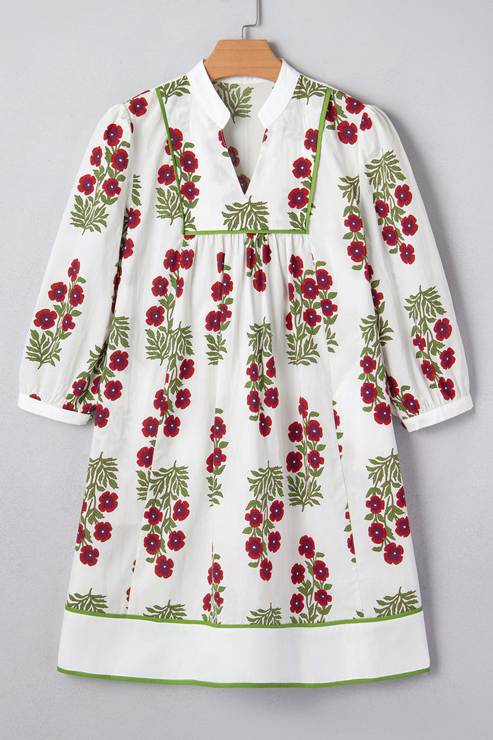 Frilled V Neck 3/4 Sleeve Loose Floral Dress