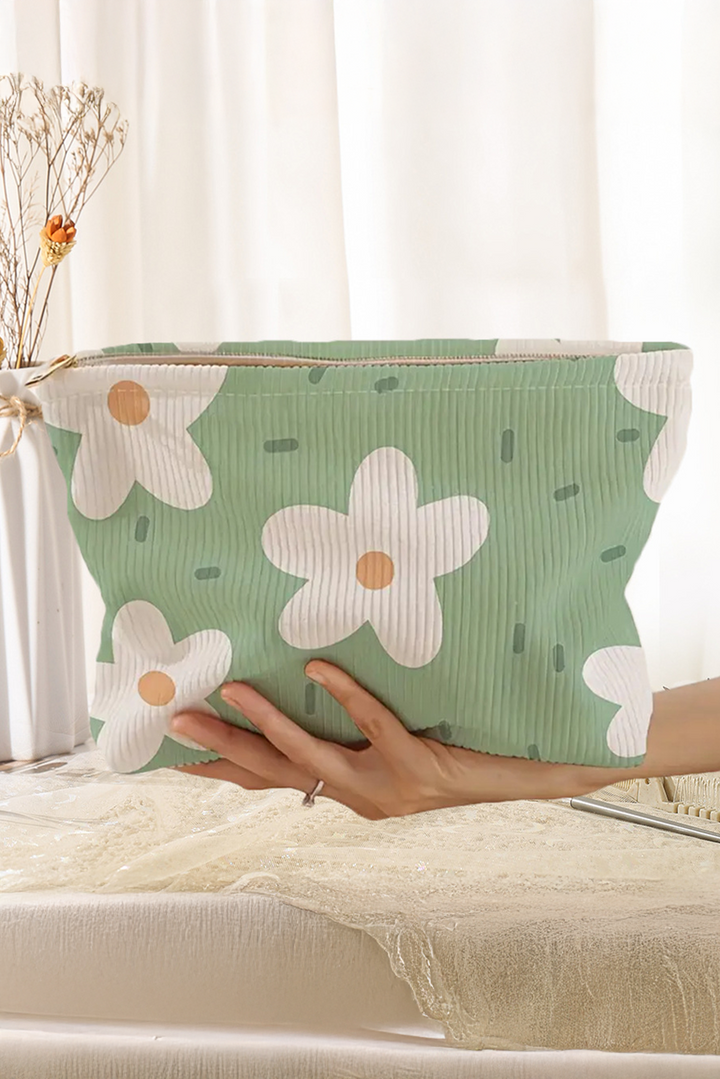 Grande trousse de maquillage en velours côtelé à fermeture éclair et imprimé floral