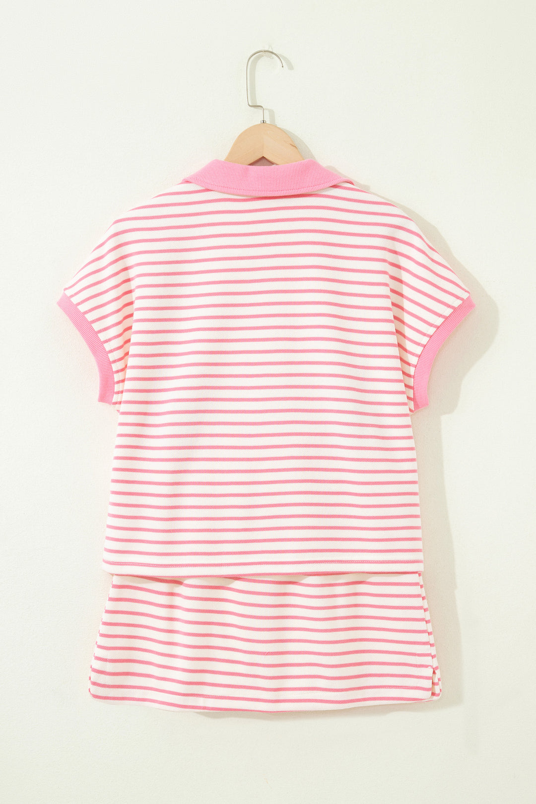 Pink Stripe Polo Tee Drawstring Elastic Waist 2pcs Skort Set