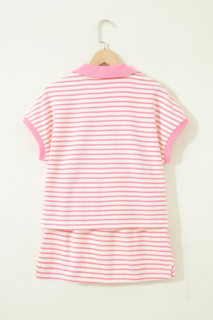 Pink Stripe Polo Tee Drawstring Elastic Waist 2pcs Skort Set