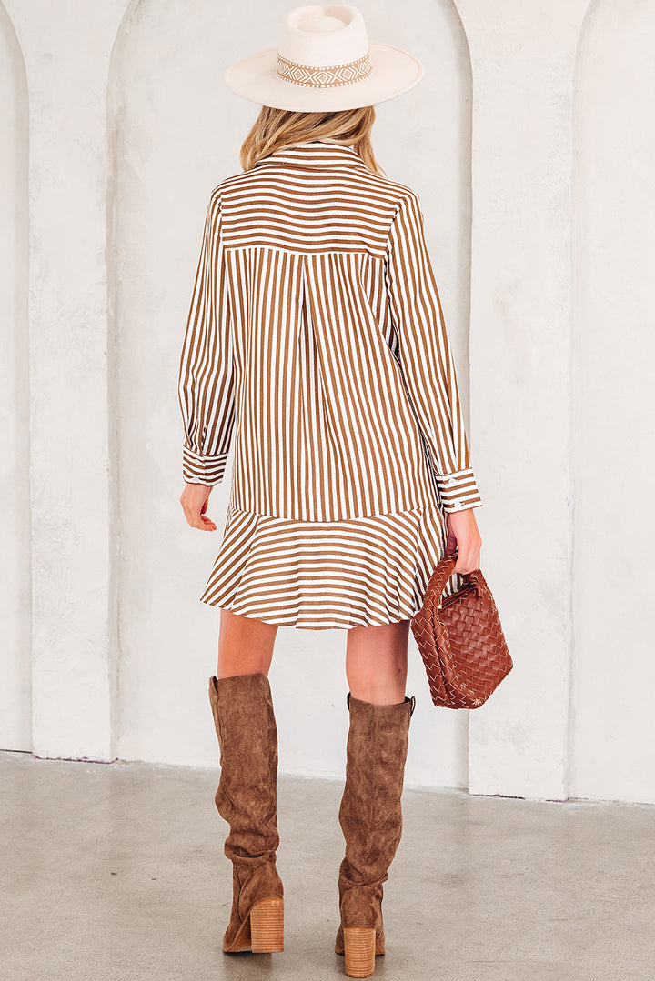 Ruffled Hem Collared Long Sleeve Shirt Mini Dress