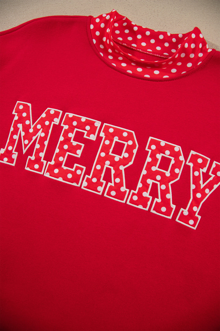 Tomato Red Polka Dot Letter Print Contrast Trim Mock Neck Sweatshirt