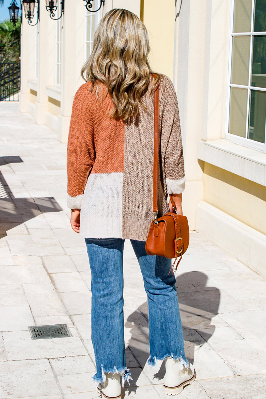 Color Block Knit V Neck Loose Sweater
