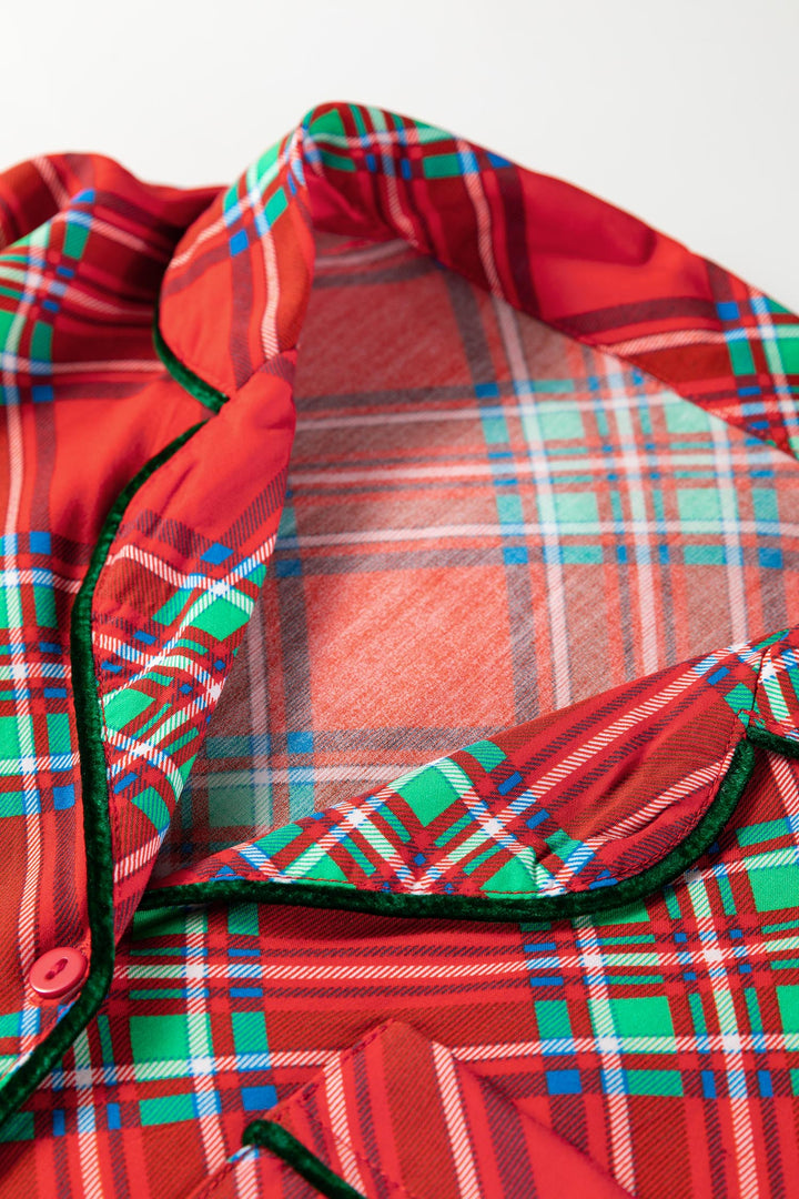 Fiery Red Christmas Plaid Satin Pajama Set with Contrast Velvet Ties