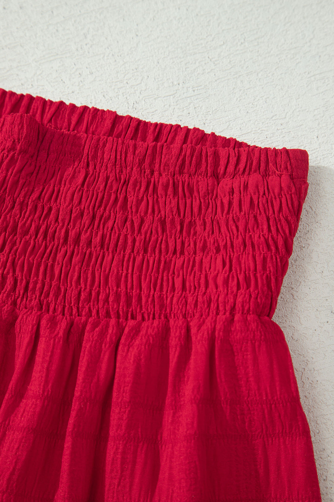 Fiery Red Textured Square Neck Top and Shirred High Waist Shorts Set