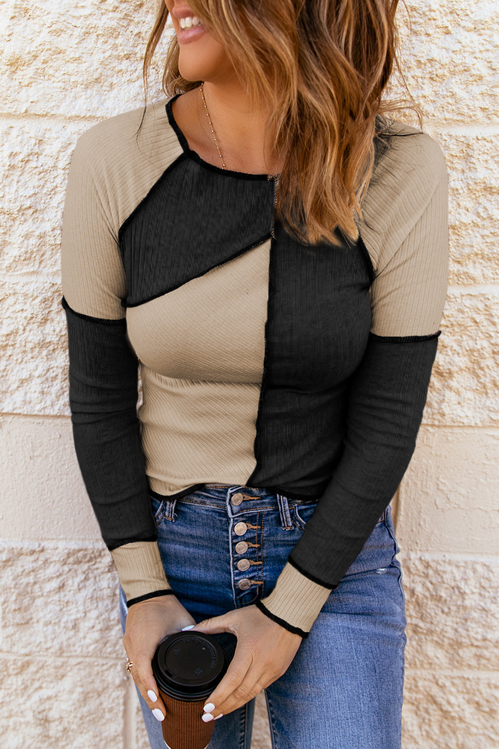 Irregular Color Block Seaming Trim Rib Knit Top