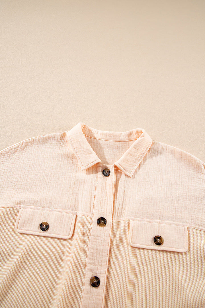 waffle splicing short batwing sleeve flap detail shirt