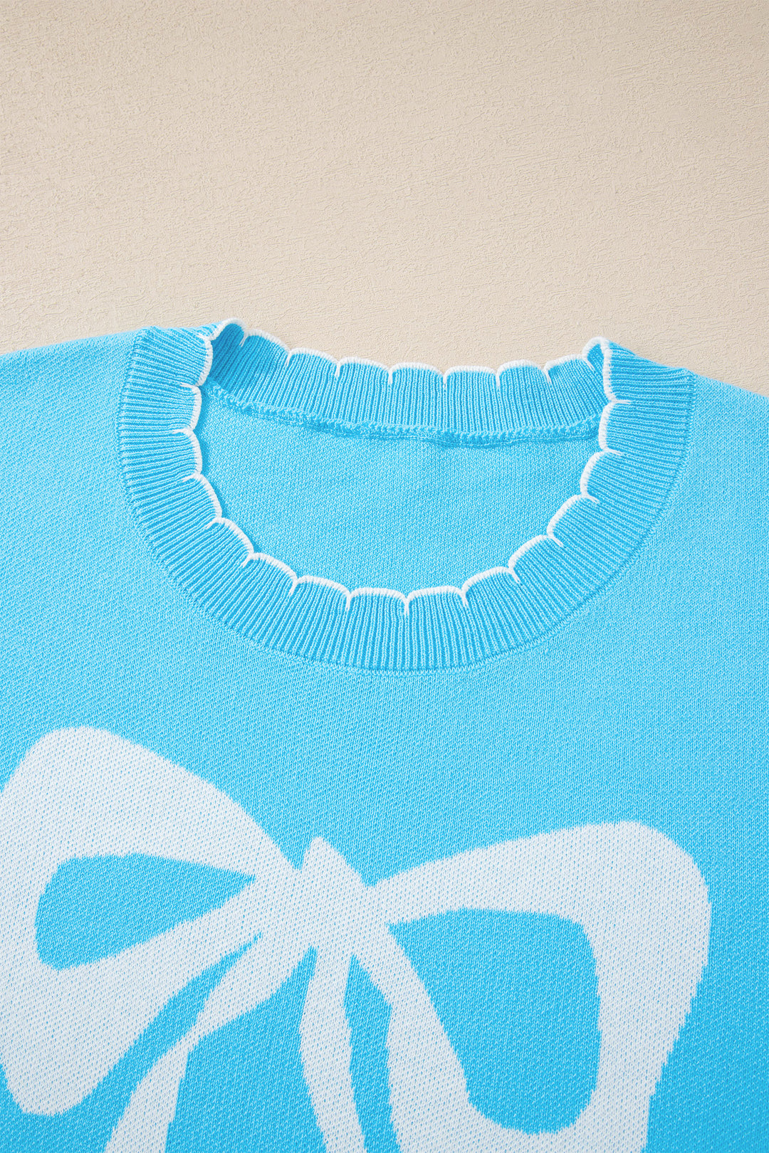Light Blue Big Ribbon Bow Print Contrast Stitch Trim Drop Shoulder Sweater