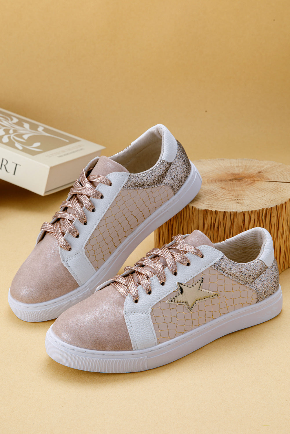 Schnür-Sneakers aus PU-Leder mit Glitzerstern-Patchwork 