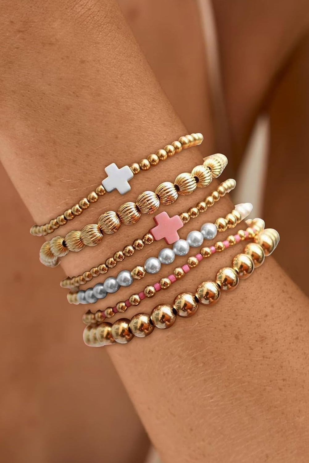 Plated Beading Pearl Cross Decor Multilayer Bracelet