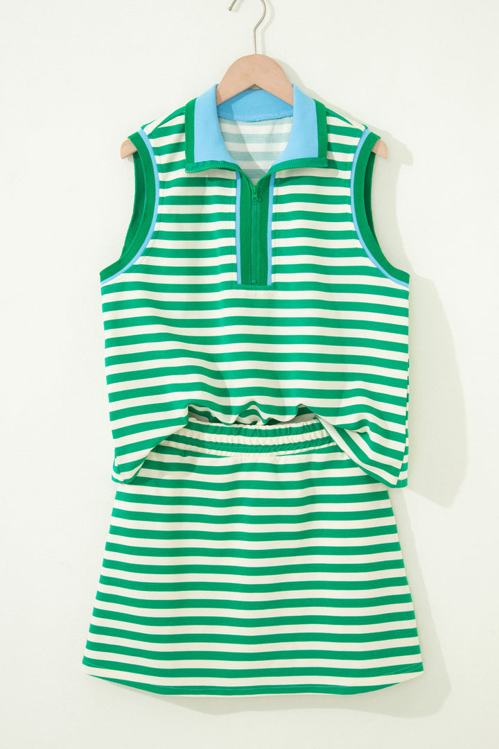 Bright Green Textured Stripe Print Zip Collar Sleeveless 2pcs Skort Set