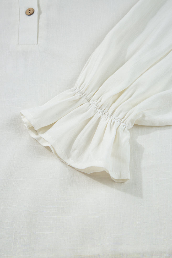 White Ruffle Elastic Cuffs Puffy Long Sleeve Button Down Shirt