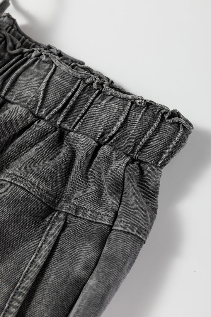 Medium Grey Mineral Wash Lace-up High Waist Raw Hem Patched Pocket Pants