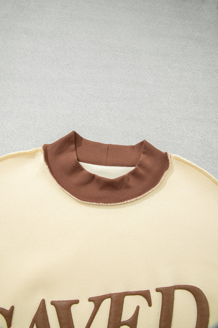 Coffee Saved By Grace Print Color Block Mock Neck Oversized Sweatshirt