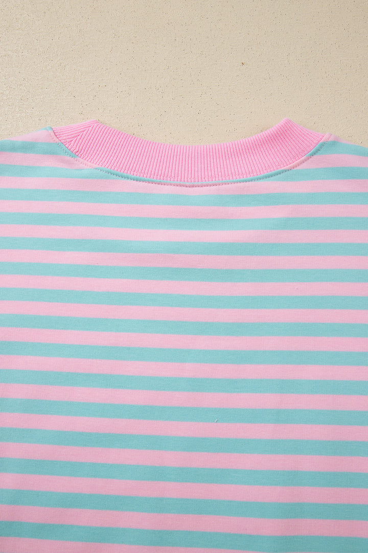 Pink Stripe Color Block Detail Long Sleeve Pullover Elastic Waist Pull On Shorts 2pcs Set