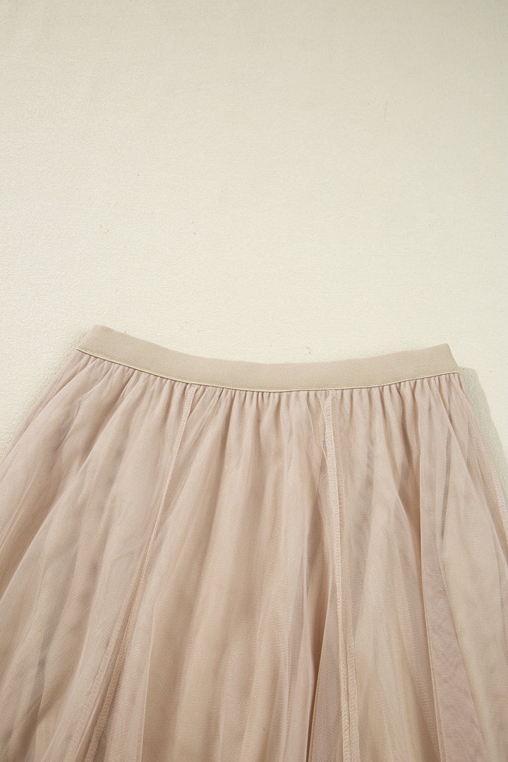 Apricot Tulle Mesh Overlay Flared Midi Skirt