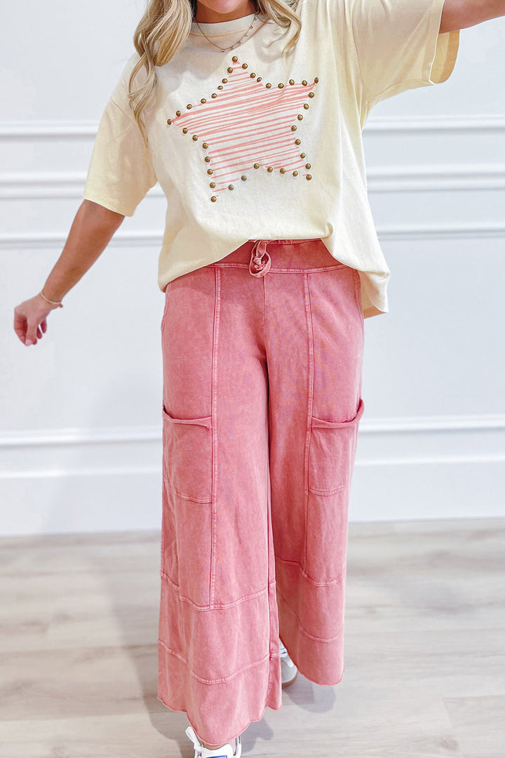 Cute Beige Star Print Stud Detail Cotton Jersey Top