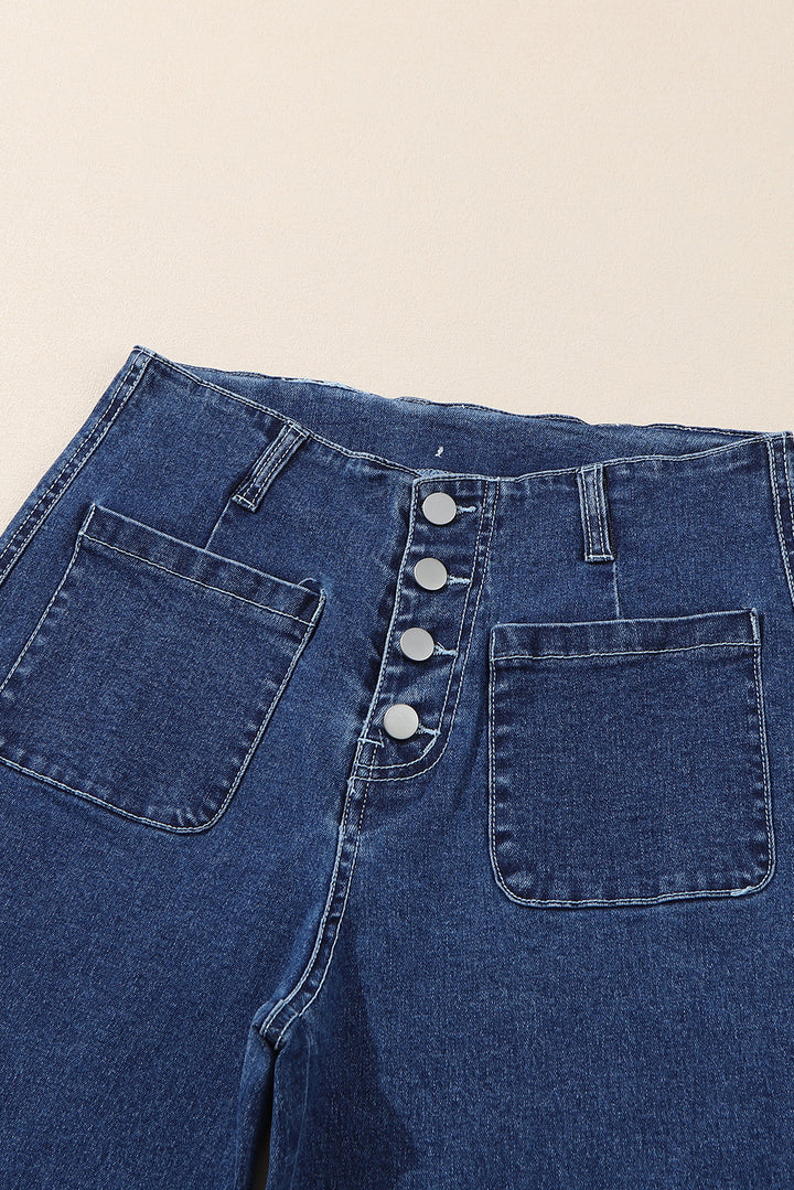 Sail Blue High Waist Button Front Wide Leg Cropped Jeans