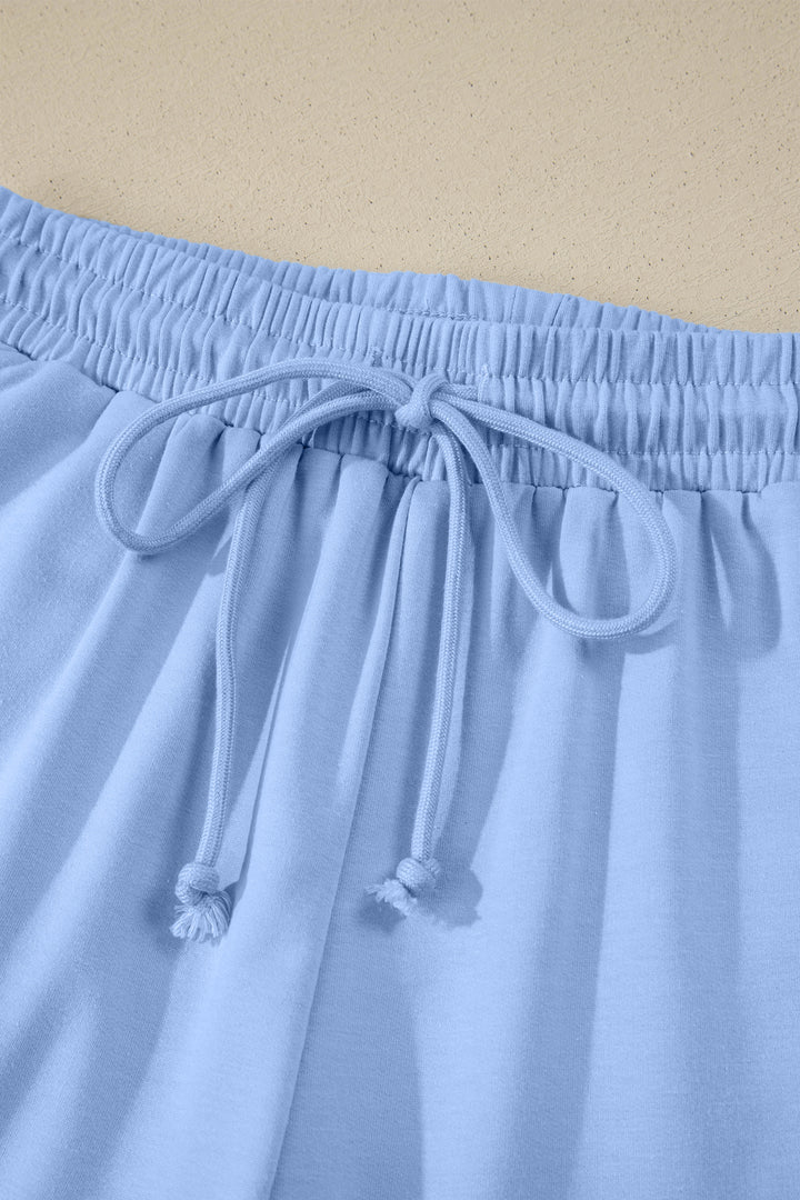 Sky Blue Collared V Neck Tee Drawstring Elastic Waist Shorts 2pcs Outfit