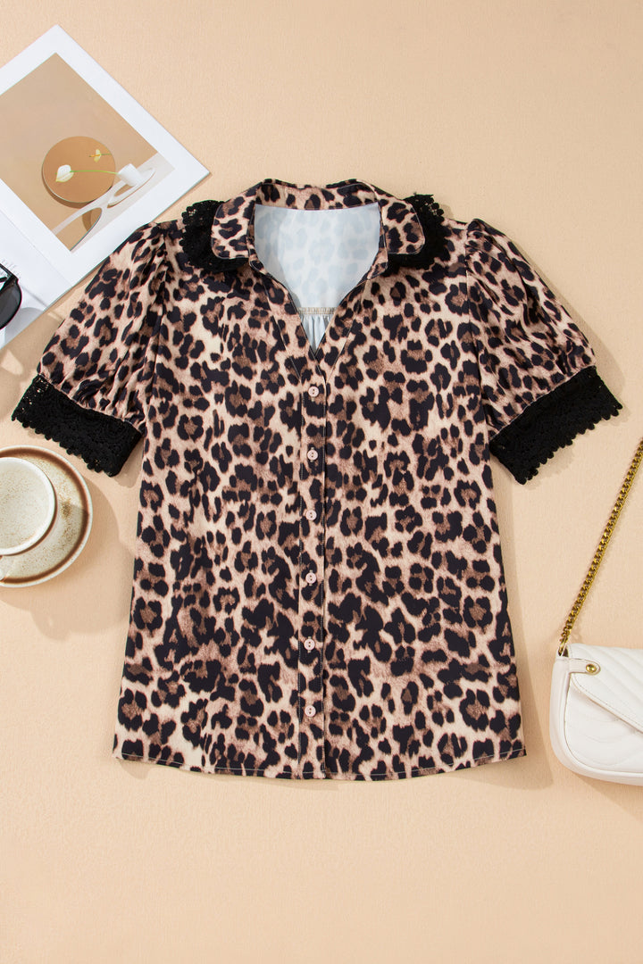 Leopard Print Button Down Lace Trim Short Sleeve Shirt