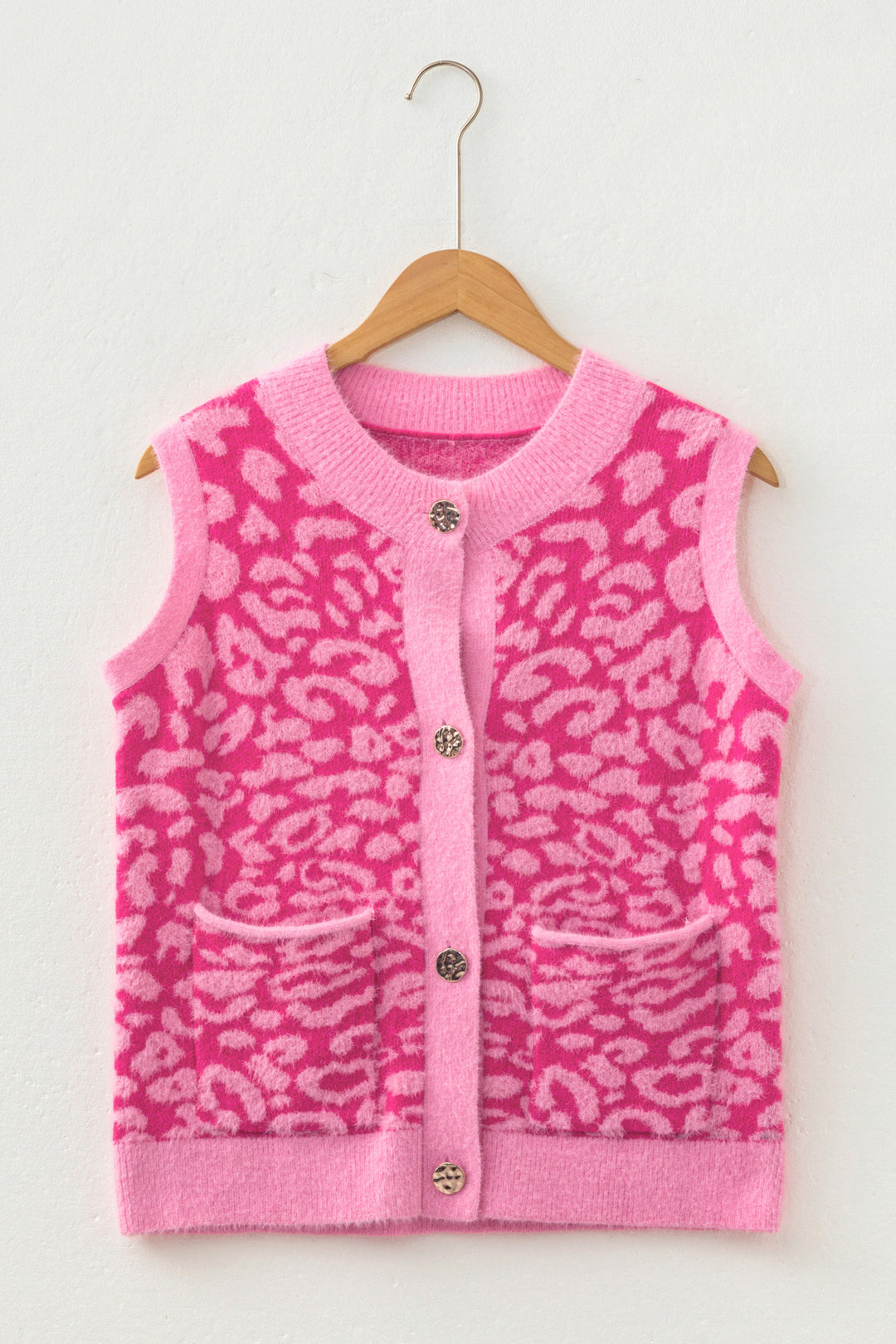 New Pink Leopard Print Knit Sleeveless Regular Wash Sweater Vest