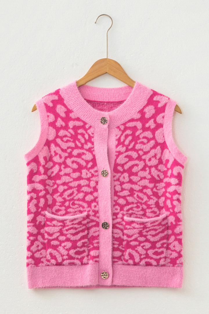 New Pink Leopard Print Knit Sleeveless Regular Wash Sweater Vest
