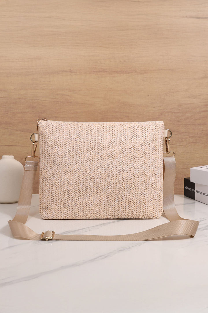 Leather Pocket Patchwork Straw Woven Shoulder Bag