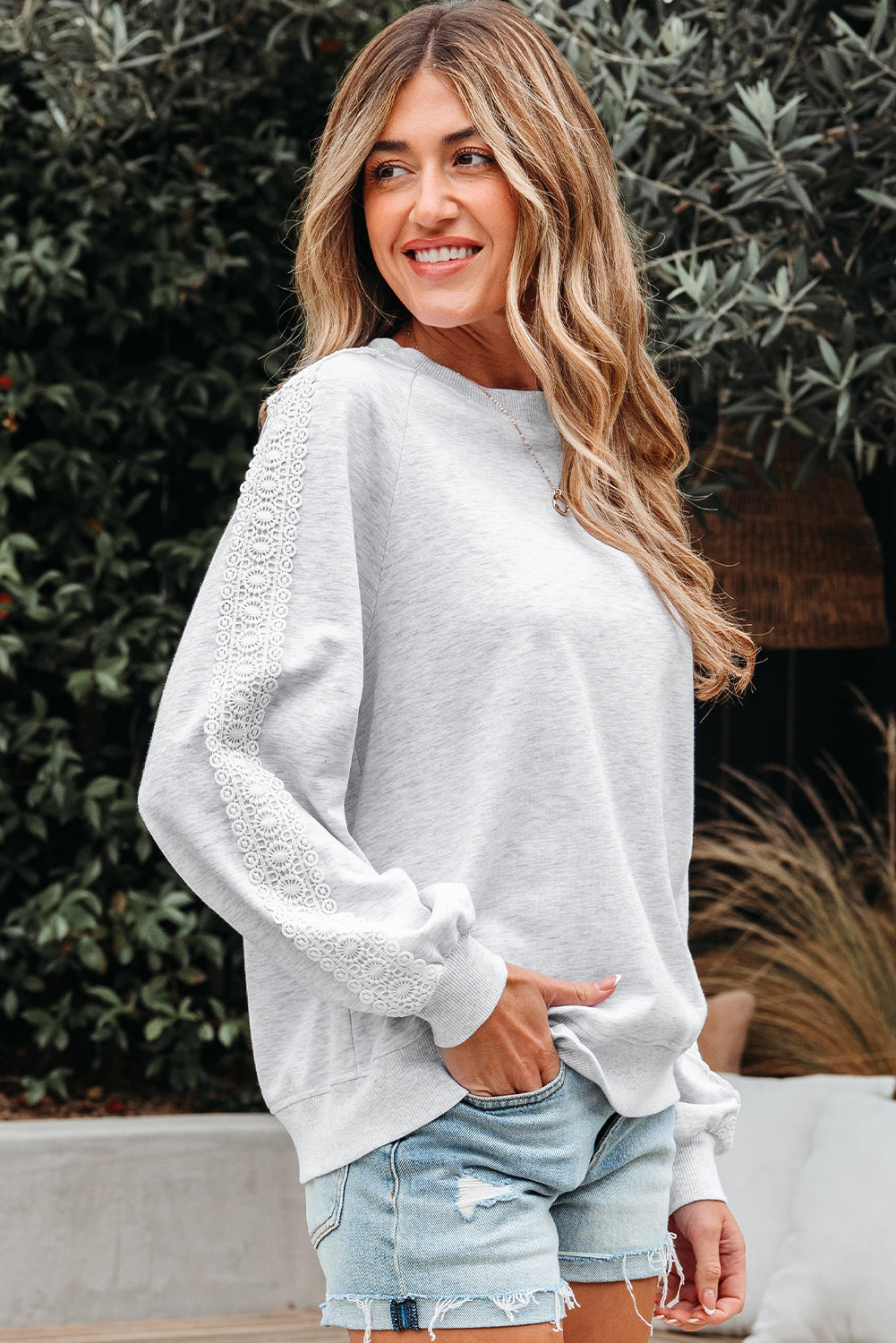 Lace Patchwork Raglan Sleeve Crew Neck Sweatshirt